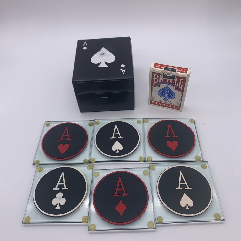 Vintage Man Cave PROTOCOL Ace Glass Coaster Set With Deck Of Cards & Storage Box